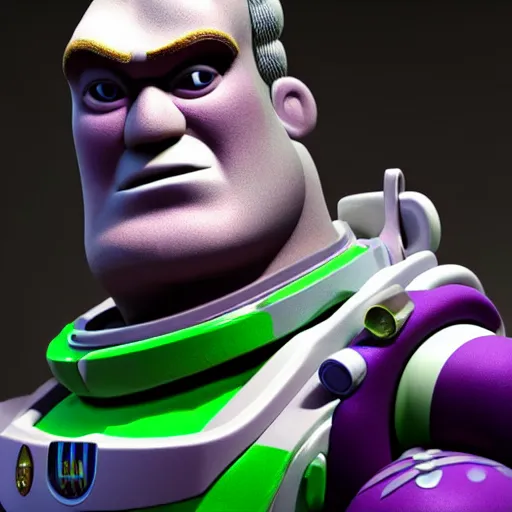 Image similar to donald trump as buzz lightyear full body detailed, ethereal, cyborg biomechanics, covered in blood diamonds and other gems glowing, highly detailed face, evil posed, evil expression, intricate, extremy detailed, beeple, cgsociety, 3 d unreal engine octane render. cinematic lighting, highly detailed 4 k art