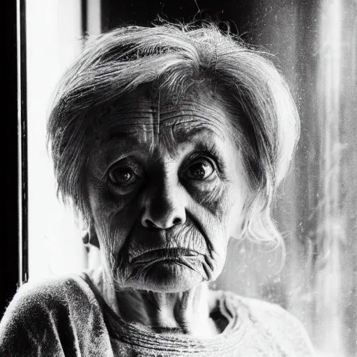 Image similar to black and white press photograph, highly detailed portrait of a depressed old lady drug dealer sitting by the window, detailed face looking into camera, eye contact, natural light, mist, fashion photography, film grain, soft vignette, sigma 85mm f/1.4 1/10 sec shutter, Darren Aronofsky film still promotional image, IMAX 70mm footage