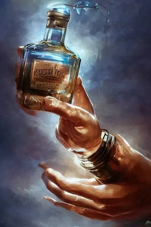 Image similar to a ship in a bottle but instead of a ship it is jack nicholson in the bottle, a young jack nicholson, fancy whiskey bottle, hyper detailed, digital art, artstation, cinematic lighting, studio quality, smooth render, by peter mohrbacher, hajime sorayama, boris vallejo, craig mullins