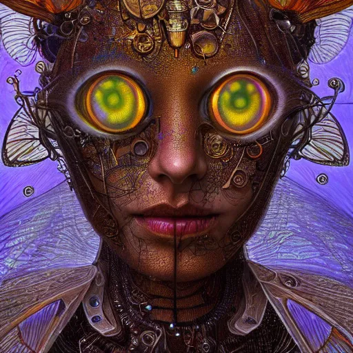 Image similar to realistic illustration of a beautiful rusted mechanical faerie queen with glowing eyes, moth wings with geometric patterns, reflective detailed textures, highly detailed dark fantasy science fiction painting by donato giancola and diego rivera and jean delville, silver and cool colors, artstation, octane render