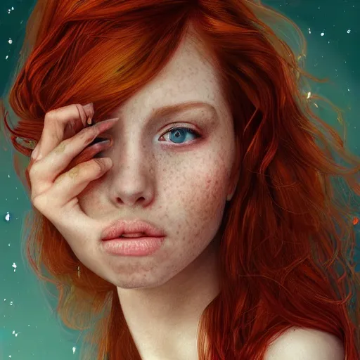 Image similar to a highly detailed, hyper realistic, stunning portrait of a red haired young woman, surrounded by the lights of golden fireflies, long hair, green eyes, hint of freckles, round gentle face, cheeky smile, romantic, deep focus, elegant, digital painting, smooth, sharp, golden ratio, illustration, art by artgerm and caravaggio