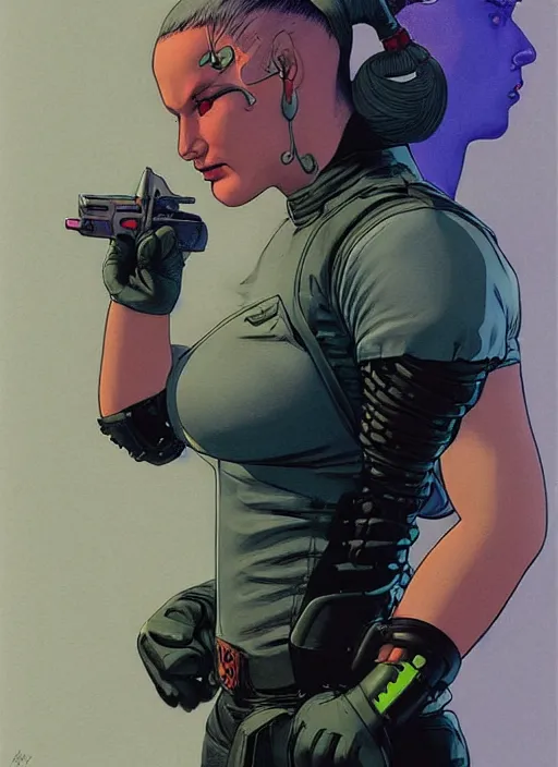 Image similar to cyberpunk prison guard. portrait by mœbius and will eisner and gil elvgren and pixar. realistic proportions. cyberpunk 2 0 7 7, apex, blade runner 2 0 4 9 concept art. cel shading. attractive face. thick lines.