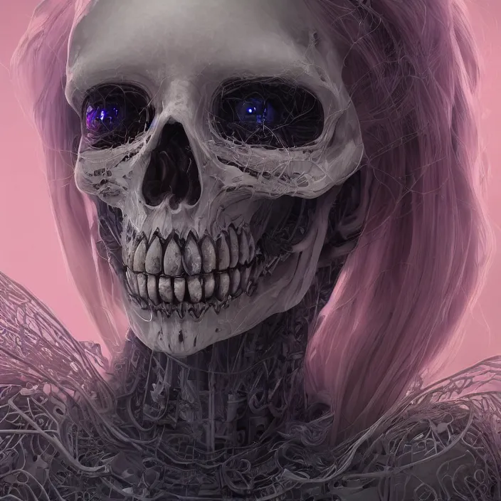 Image similar to portrait of Riae as a skeleton. intricate abstract. intricate artwork. nightmare fuel. by Tooth Wu, wlop, beeple, dan mumford. octane render, trending on artstation, greg rutkowski very coherent symmetrical artwork. cinematic, hyper realism, high detail, octane render, 8k, iridescent accents