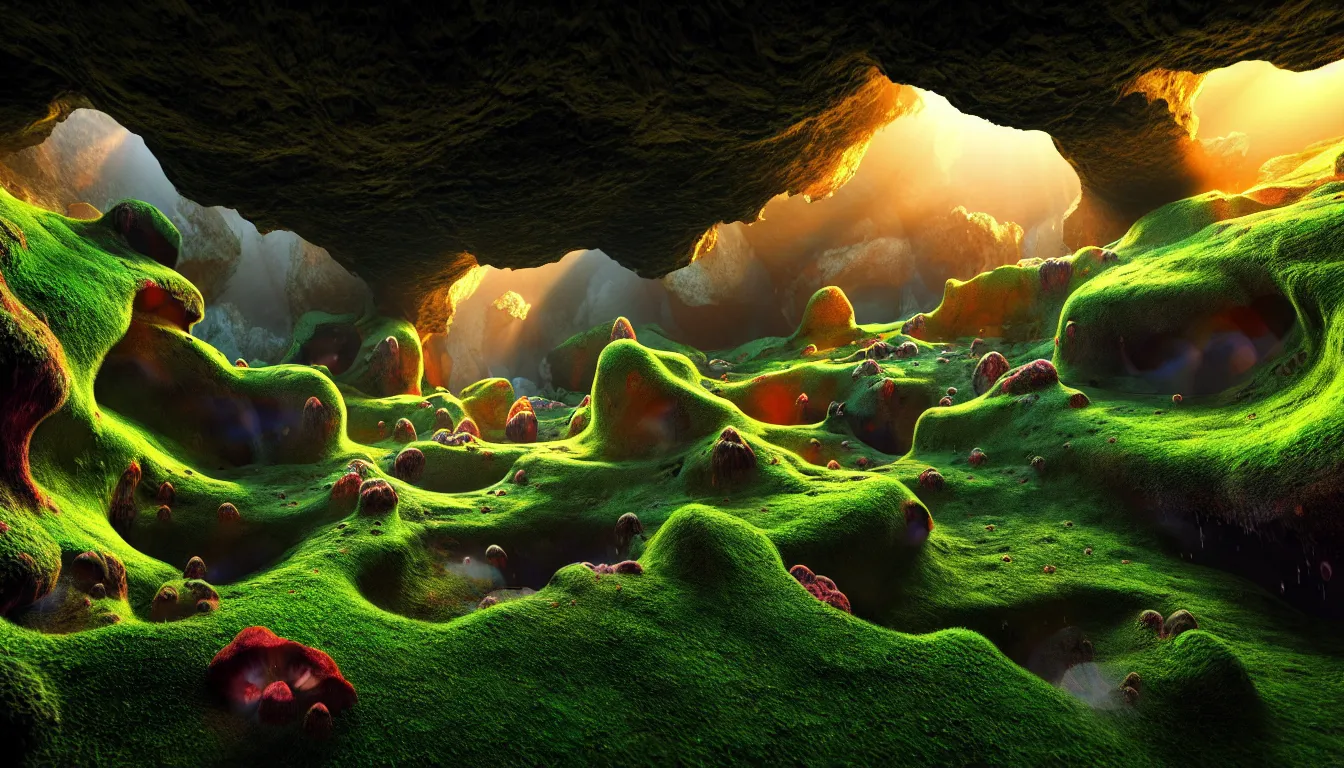 Image similar to expansive caves with growing fungal biodiversity , pools of water reflecting , dramatic dusk sun illuminates areas , volumetric light ,detailed entangled fibres carpet the fallen rocks ,full colour , upscale , 8k