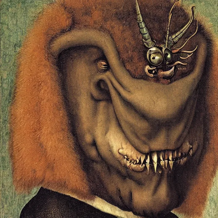 Prompt: close up portrait of an overdressed mutant monster creature with snout, horns, insect wings, unibrow, piercing eyes, toxic smile. jan van eyck, bosch