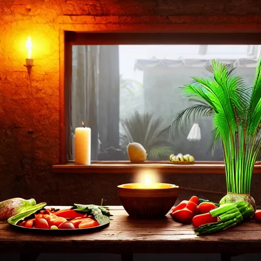 Image similar to a large vase with palms on top of a antique wooden table, vegetables on table and candle, medieval antique concept art, cinematic lightning and colors, vray tracing, rendered in unreal engine, dark lightning, contrast shadows, super detailed, 8 k