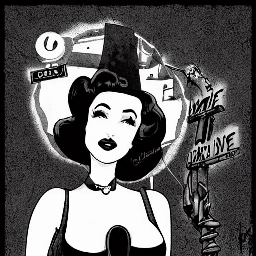 Prompt: a detailed comic noir style cartoon of dita von teese in a post-apocalyptic desert by queens of the stone age, dark vibes, street art, cinematic, high contrast