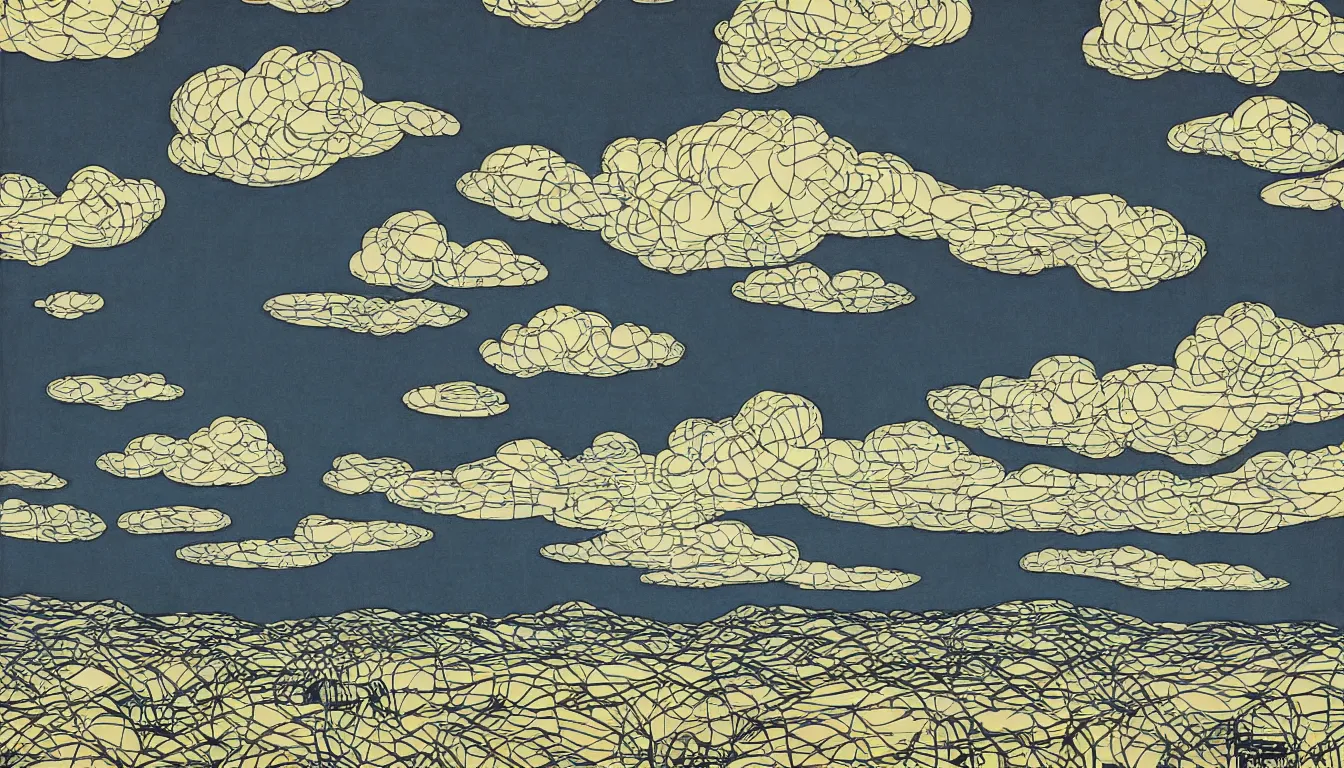 Image similar to clouds in the shape of charlie brown light rays by dan mumford and peter doig and edward hopper, symmetrical, minimal, black ink, thick lines highly detailed, muted colours 8 k