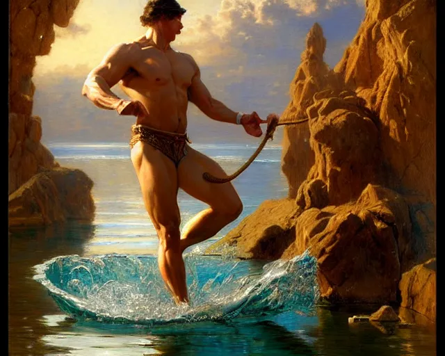 Image similar to muscular magician man, casting water magic, making waves rise from a beautiful lake. highly detailed painting by gaston bussiere, craig mullins, j. c. leyendecker 8 k