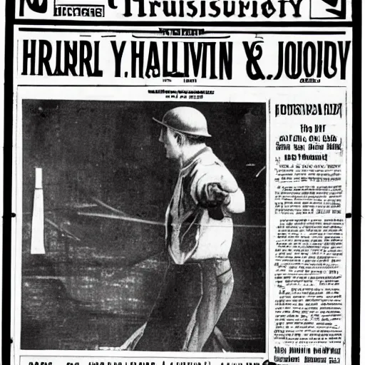 Prompt: 1 9 2 0 s newspaper titled the thrussy herald, black and white, text, image of a bald construction worker throwing up, photorealistic.