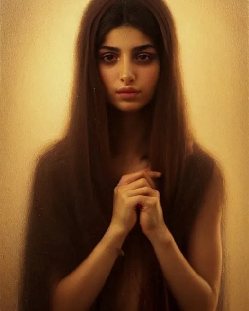 Image similar to a highly realistic, true to life portrait of a beautiful young middle eastern girl, soft focus, from the waist up, with sharp features, a beautiful face, soft smile, under studio lighting, taken with a canon eos camera with 1 3 5 mm focal length, art by karol bak, james jean, tom bagshaw, trending on artstation,