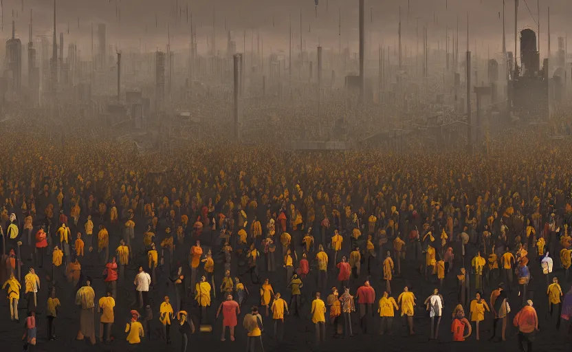 Image similar to an intricate matte painting of a crowd of people, by simon stalenhag, rust, yellow and black trim, trending on artstation, hdr, 8 k