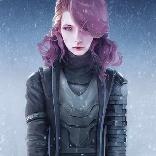 Image similar to portrait of the pale blond soldier Lucius, long curly blond hair, jagged black cyberpunk armor, imperial russian city streets covered in snow, sci fi, night time, ambient lighting, 4k, anime key visual, lois van baarle, ilya kuvshinov, rossdraws, artstation