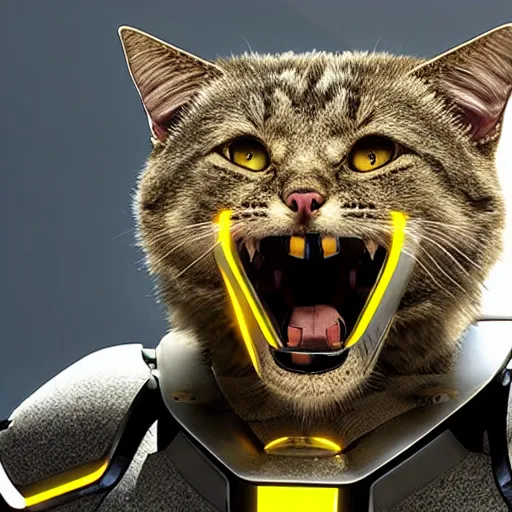 Image similar to humanoid with cat-like features in futuristic space armor with force fields, yellow eyes, teeth that protrude past the lower lip and fine grayish fur on their faces and backs of their hands and carrying weapons, octane,