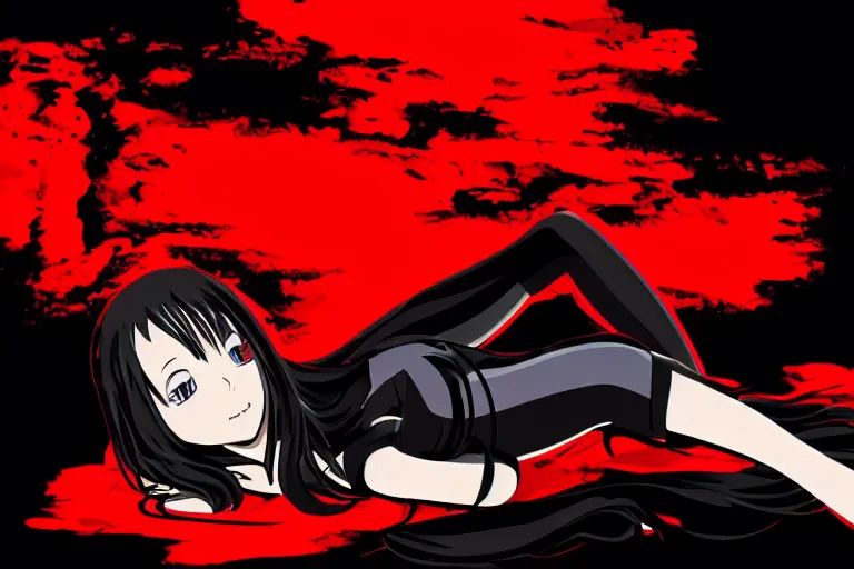 Prompt: a girl laying on her knees, wearing a black outfit with red trim, vector shaded anime style, detailed anime digital art, 4 k