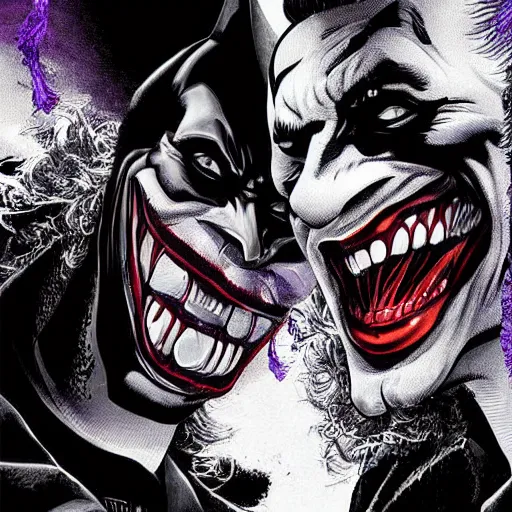 Prompt: digital art of the batman and the joker dancing, highly detailed, trending on artstation, hyper detailed, detailed faces