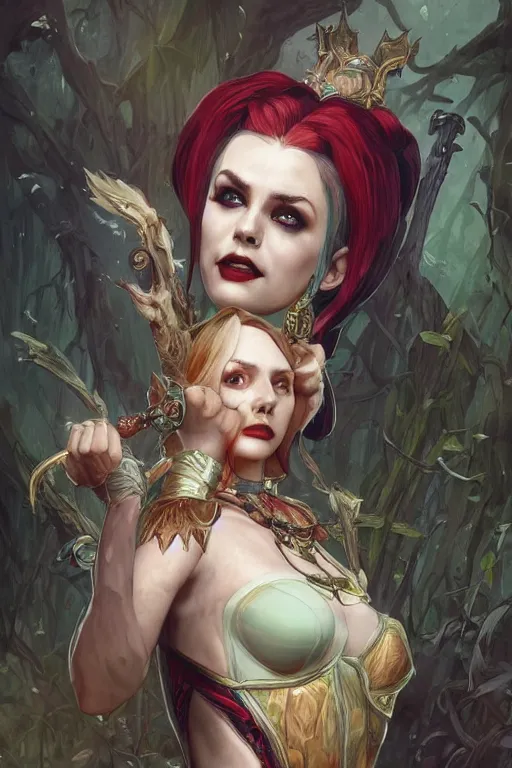 Prompt: portrait of harley quinn as a demon elf queen, forest, godlike, upper body, fantasy, intricate, elegant, highly detailed, digital painting, artstation, concept art, sharp focus, illustration, art by artgerm and greg rutkowski and alphonse mucha