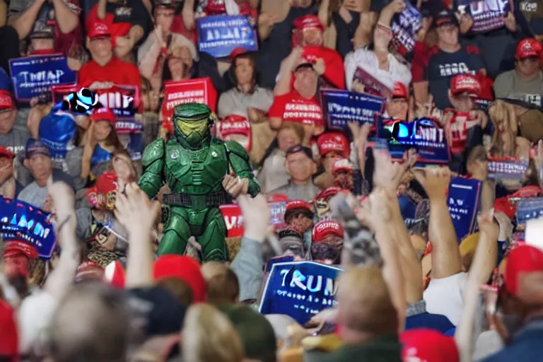 Image similar to diorama effect photo of master chief at a trump rally