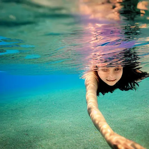 Prompt: 8k UHD under water photograph lithe carefree girl swimming in lagoon, taken from below, detailed