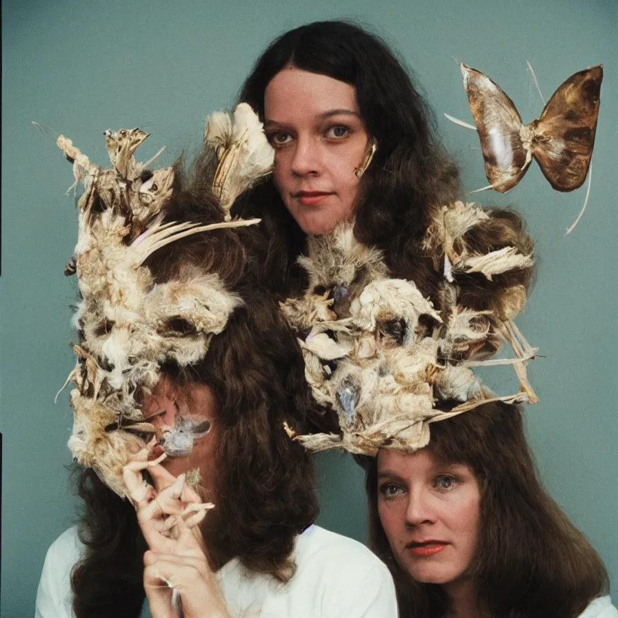 Image similar to 7 0 s movie still of cult member with taxidermic moth masks, cinestill 8 0 0 t 3 5 mm, heavy grain, high quality, high detail