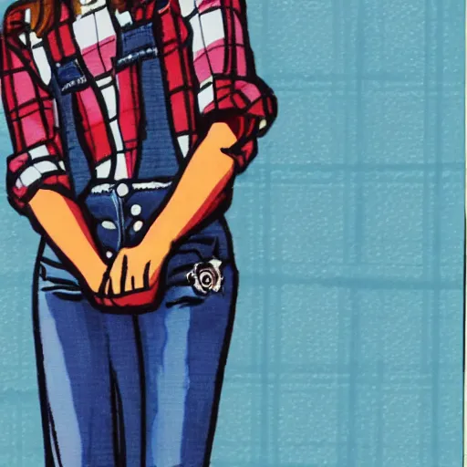 Prompt: cute girl wearing plaid and blue jean rolled up to her knees, she has her hand on a very large paint brush, modern cartoon trading card,