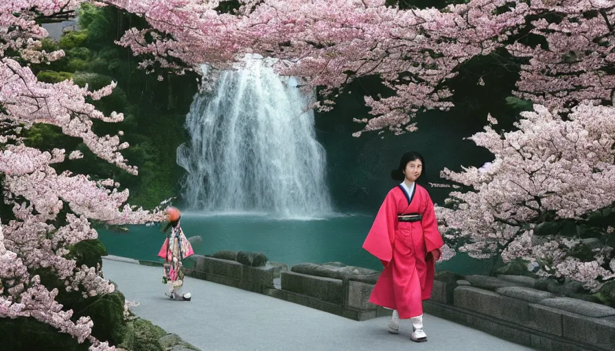 Image similar to movie still by alejandro jodorowsky of a beautiful day in kyoto japan, a girl wearing a gucci kimono is walking down the street, cherry blossoms and a waterfall, cinestill 8 0 0 t eastmancolor technicolor, high quality, very detailed, heavy grain, fine facial features, 8 k, octane render