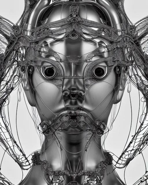 Image similar to mythical dreamy black and white organic bio-mechanical spinal ribbed profile face portrait detail of translucent steampunk beautiful female angelic-human-queen-vegetal-cyborg, highly detailed, intricate crystal jelly ornate, poetic, 3D render, digital art, octane render, 8K artistic photography, photo-realistic, by Dora Maar