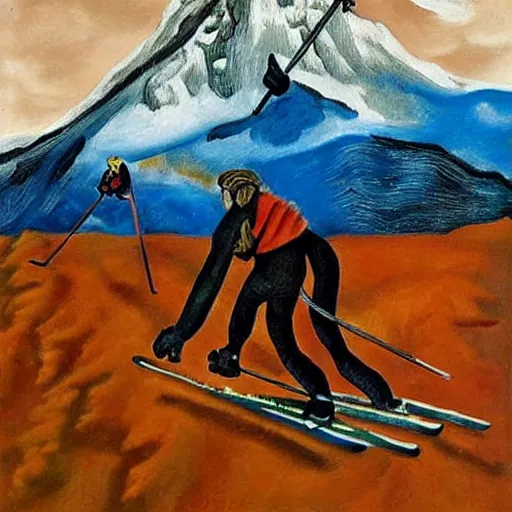 Prompt: oil painting of Frida kahlo skiing down mount Everest with Salvador Dali, in the style of van Gogh