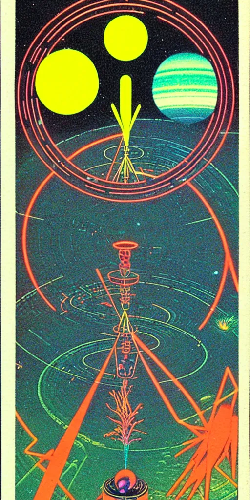 Image similar to 1968 science fiction tarot card, cut out collage, neon Aztec, non Euclidean, spring on Saturn, epic theater, deep sea, mountain plants, drawings in part by moebius, part by Ernst Haekl, text by William S Boroughs