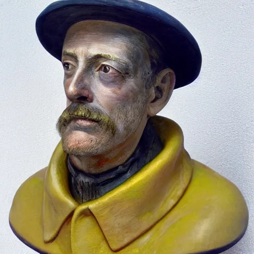 Image similar to hyper realistic closeup bust of a new england fisherman, wearing a yellow fisherman's hat, steve buscemi, painted, colorized, bossons vintage chalkware, by emile renouf