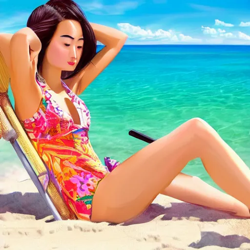 Image similar to a portrait of a young asiatic lady on a beach chair , perfect and detailed face, hot summertime hippie, sparky swimsuit , calm sea and beach background , sunny day, perfecly detailed, realistic portrait, perfect design, natural light