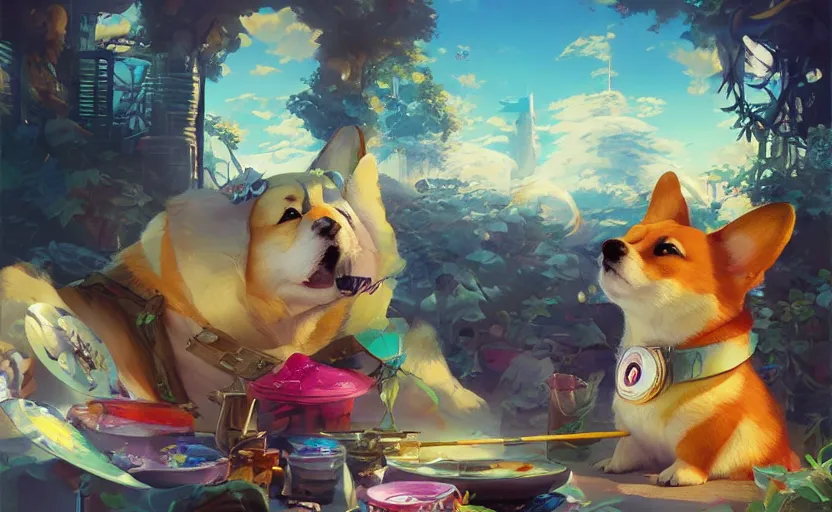 Prompt: beautiful anime painting of sunny hiphop solarpunk royal summertime chill with corgi, by dao le trong, daniela uhlig, craig mullins, craig davison. trending on artstation, 8 k, masterpiece, graffiti paint, fine detail, full of color, intricate detail, golden ratio illustration