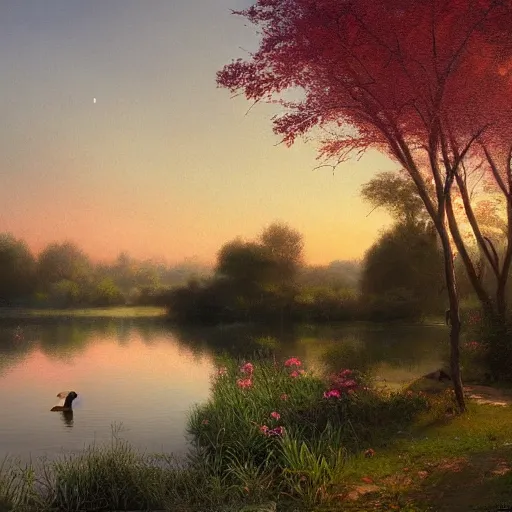 Image similar to a painting of a duck pond at sunset, surrounded by flower bushes, a detailed matte painting by marc simonetti, deviantart, hudson river school, terragen, pink clouds, pastel sky, trending on artstation