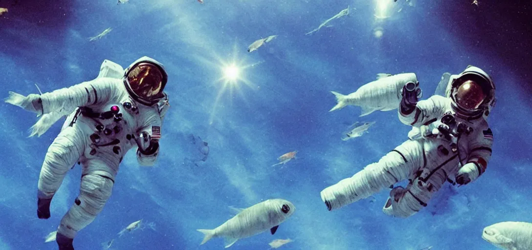 Prompt: Astronaut taking a picture of fish swimming in Space