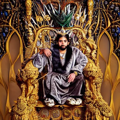 Prompt: Award Winning Highly Detailed Portrait Photo of beautiful Mythological King Royally with hyper-defined features decorated sitting in a shining Filigree throne designed by Gaudi, Silks, Furs, ermine, wide-angle long shot