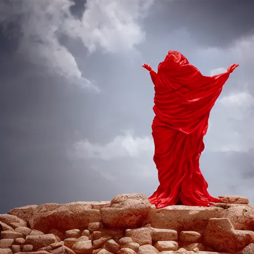 Image similar to a roman statue covered by red cloth that's blowing in the wind, digital art, concept art, cloth simulation with houdini, octane, redshift, 8 k