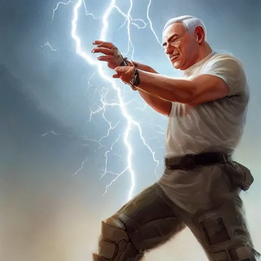 Image similar to benjamin netanyahu shooting lightning bolts with his hands like zeus, highly detailed, by artgerm and greg rutkowski