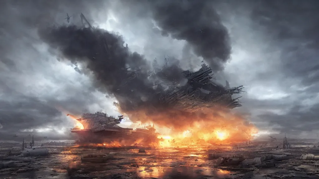 Image similar to an immense steampunk aircraft carrier crashed and burning in a field, thick black smoke billowing, turbulent storm clouds, dystopian, sharp focus, octane render, imax