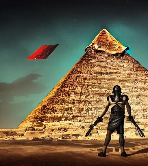 Image similar to a beefy man with a machine gun, egyptian pyramid in the background, 4 k, sharp focus, illustration, highly detailed, cinematic, photorealistic, cyberpunk