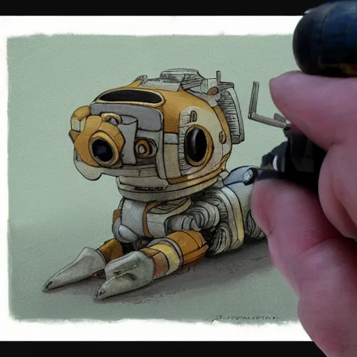 Prompt: painting of a small animal robot, gouache, james gurney, ghibli, miyazaki, manga, illustration, cute, toy, product design