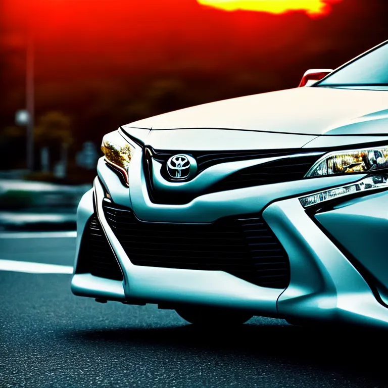 Image similar to close-up-photo TOYOTA CAMRY middle of street, sunset kanagawa prefecture, night, cinematic color, photorealistic, highly detailed,