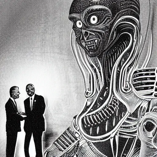 Prompt: an alien meeting the president, highly detailed, highly intricate, black and white