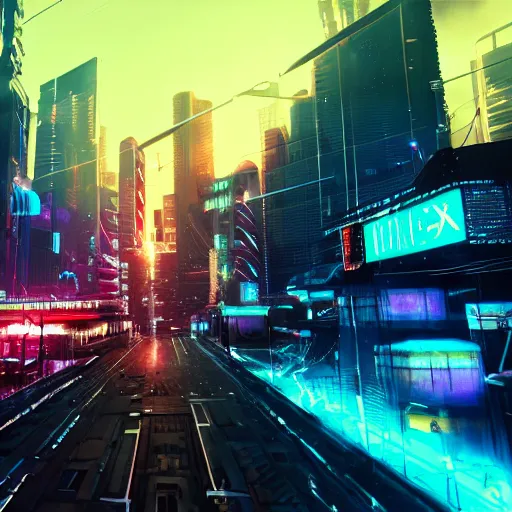 Image similar to « glowing neon lights, sunrise, cyberpunk, alita battle angel, blade runner, rainy, cold, clouds, far view, photorealistic, unreal engine 5, sharp focus »