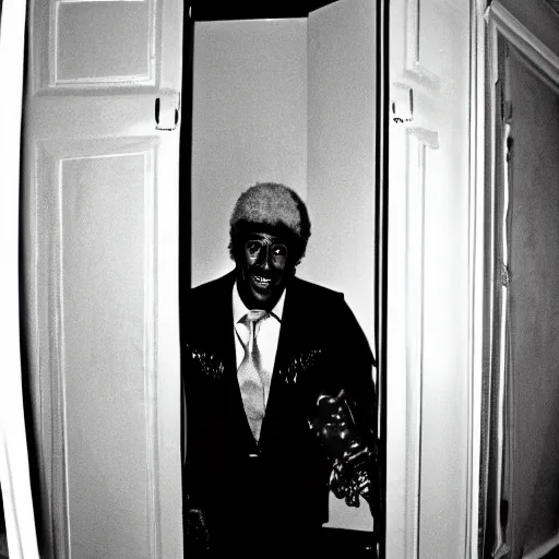 Prompt: grainy photo of julius erving as a creepy monster in a closet, harsh flash