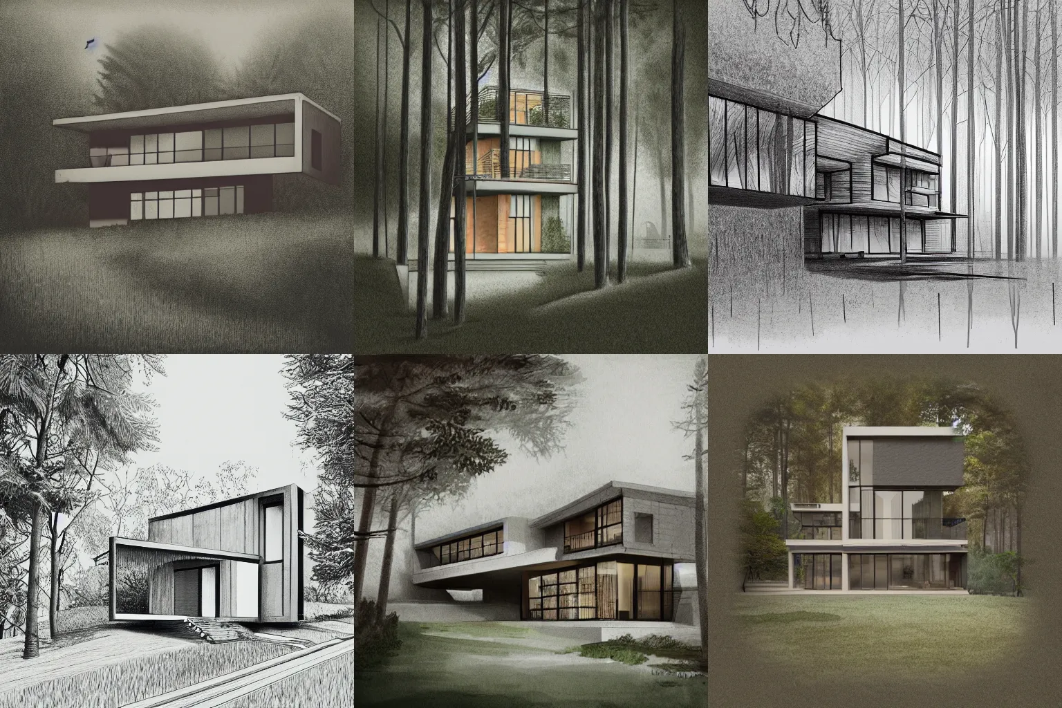 Prompt: intricate Illustration of Architectural pencil drawing of modern house in the forest, muted color