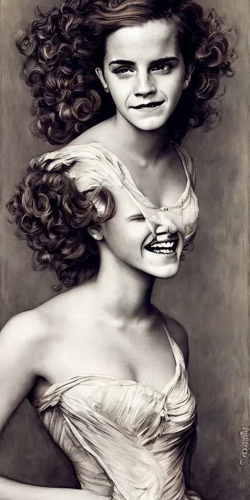 Prompt: emma watson smiling smiling smiling detailed portrait curly updo painting by gaston bussiere craig mullins j. c. leyendecker photograph by richard avedon peter lindbergh annie leibovitz