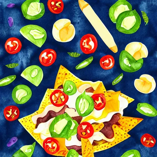 Image similar to watercolor nachos with cheese and jalapeno illustrations, white background, drawing, cartoon, in the style of shyama golden