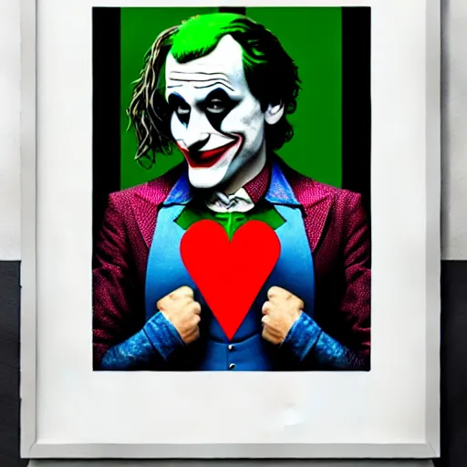 Image similar to ilya yefimovich repin and mimmo rottela and banksy as joaquin phoenix skinny joker, holding lady gaga harley queen hand, ultra photorealistic, intricate details, pop art style, concept art, confident posse, justify content center, 2 colours, warm color, 4 k, ultra smooth, sharp focus, perfect details