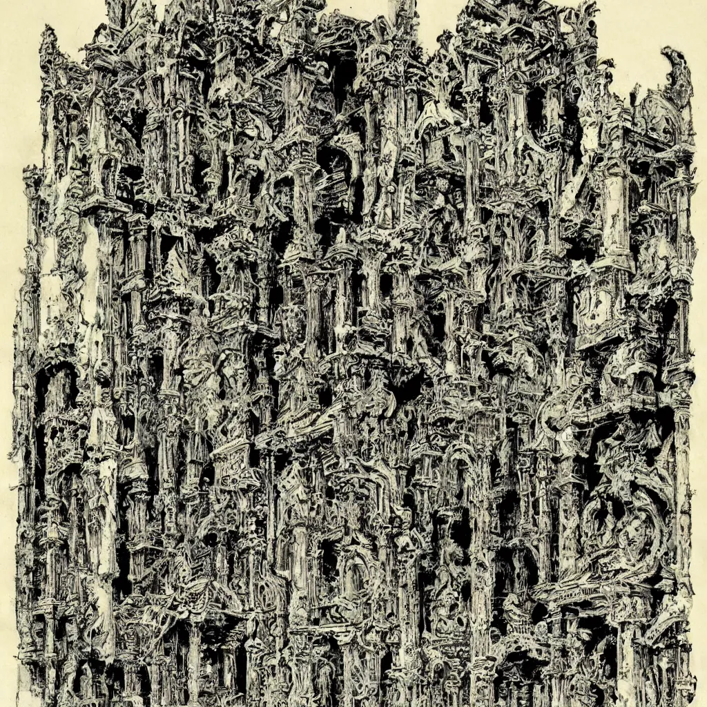 Image similar to extremely detailed illustration by druillet of a destroyed panteon with 7 statues of extint forgotten gods