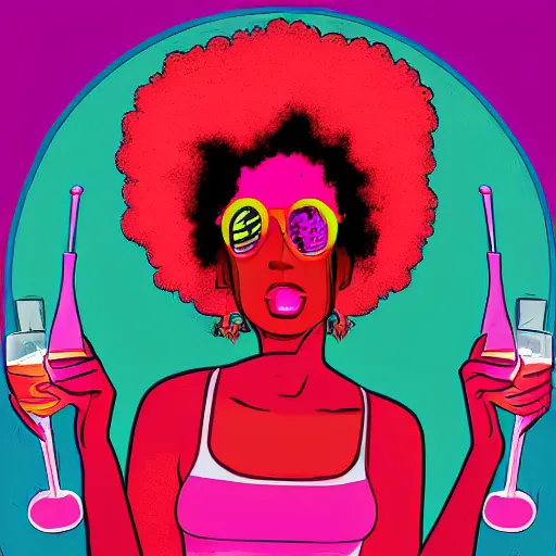 Image similar to a woman with a pink afro looking across the bar at you, synthwave, digital art, colorful